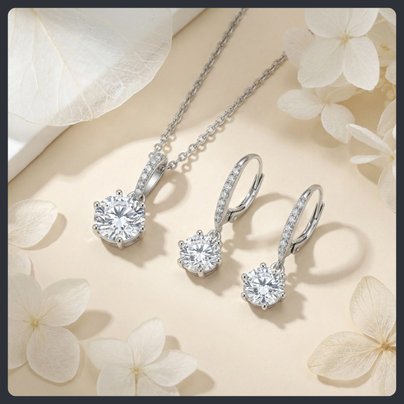 Sparkling Round ZC Necklace Earrings sterling silver 925 plated 316L