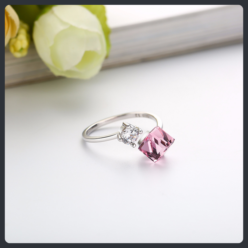 Unique Pink Crystal ZC Adjustable Ring sterling silver 925 plated 316L