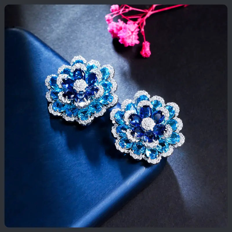 Big Blue Flower ZC Stud Earrings sterling silver 925 plated 316L
