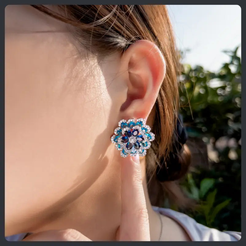 Big Blue Flower ZC Stud Earrings sterling silver 925 plated 316L