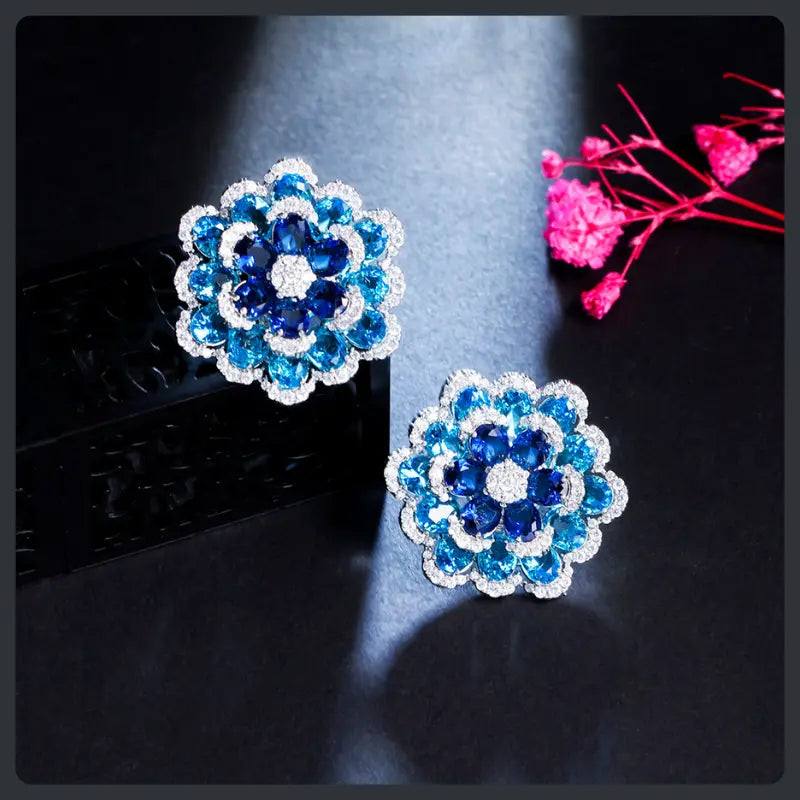 Big Blue Flower ZC Stud Earrings sterling silver 925 plated 316L