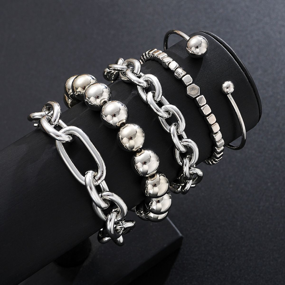 Cross-Border European and American New Products Ins Geometric Exaggerated Thick Chain Ball Bead Bracelet Punk Style Bracelet 5-Piece Set of Hand Jewelry