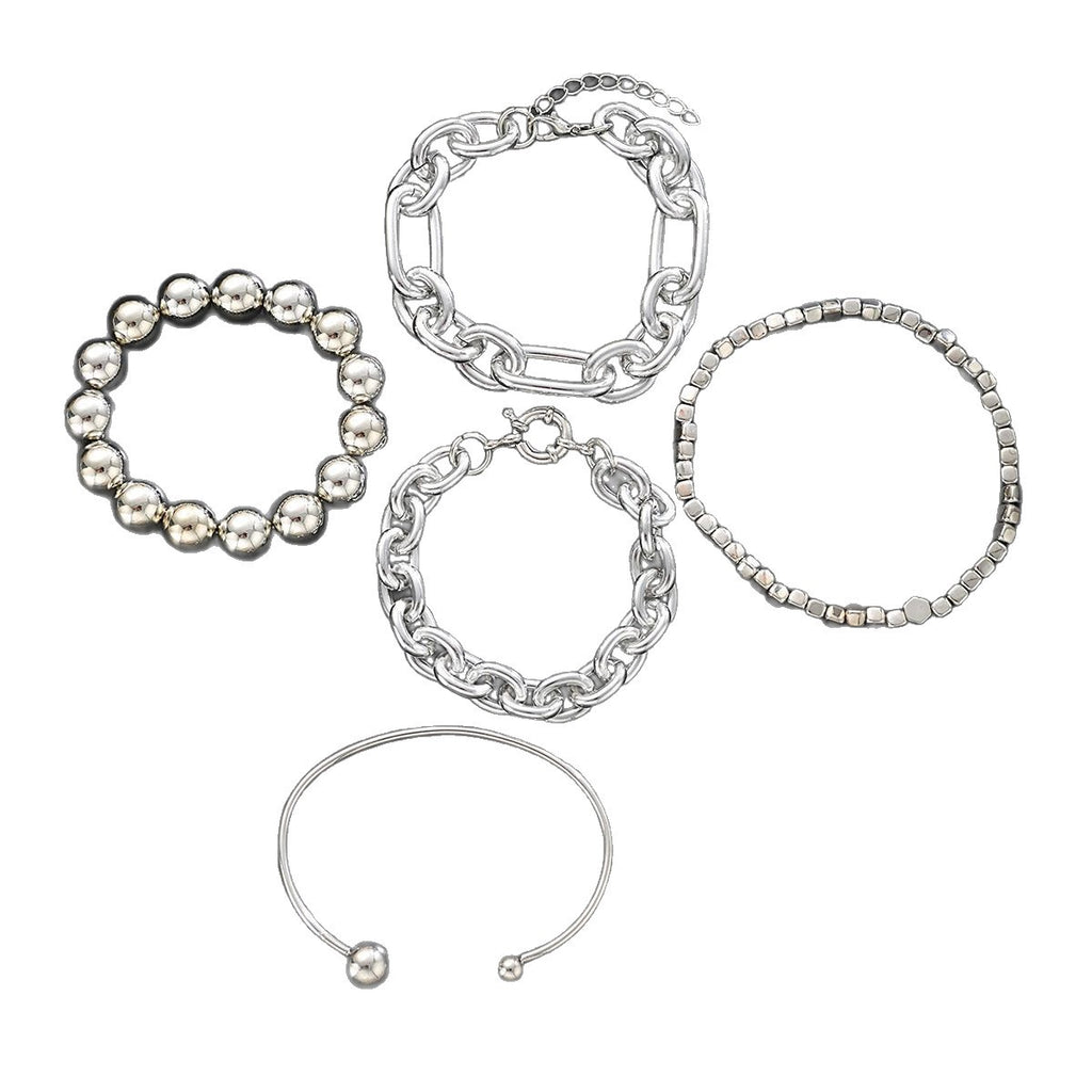 Cross-Border European and American New Products Ins Geometric Exaggerated Thick Chain Ball Bead Bracelet Punk Style Bracelet 5-Piece Set of Hand Jewelry