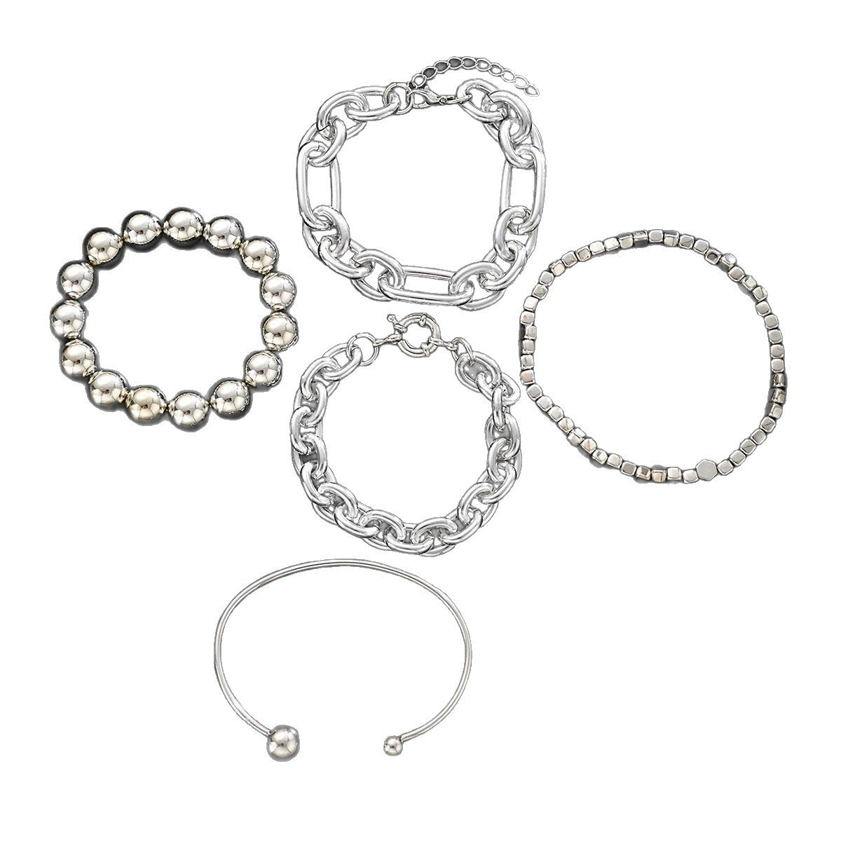 Cross-Border European and American New Products Ins Geometric Exaggerated Thick Chain Ball Bead Bracelet Punk Style Bracelet 5-Piece Set of Hand Jewelry