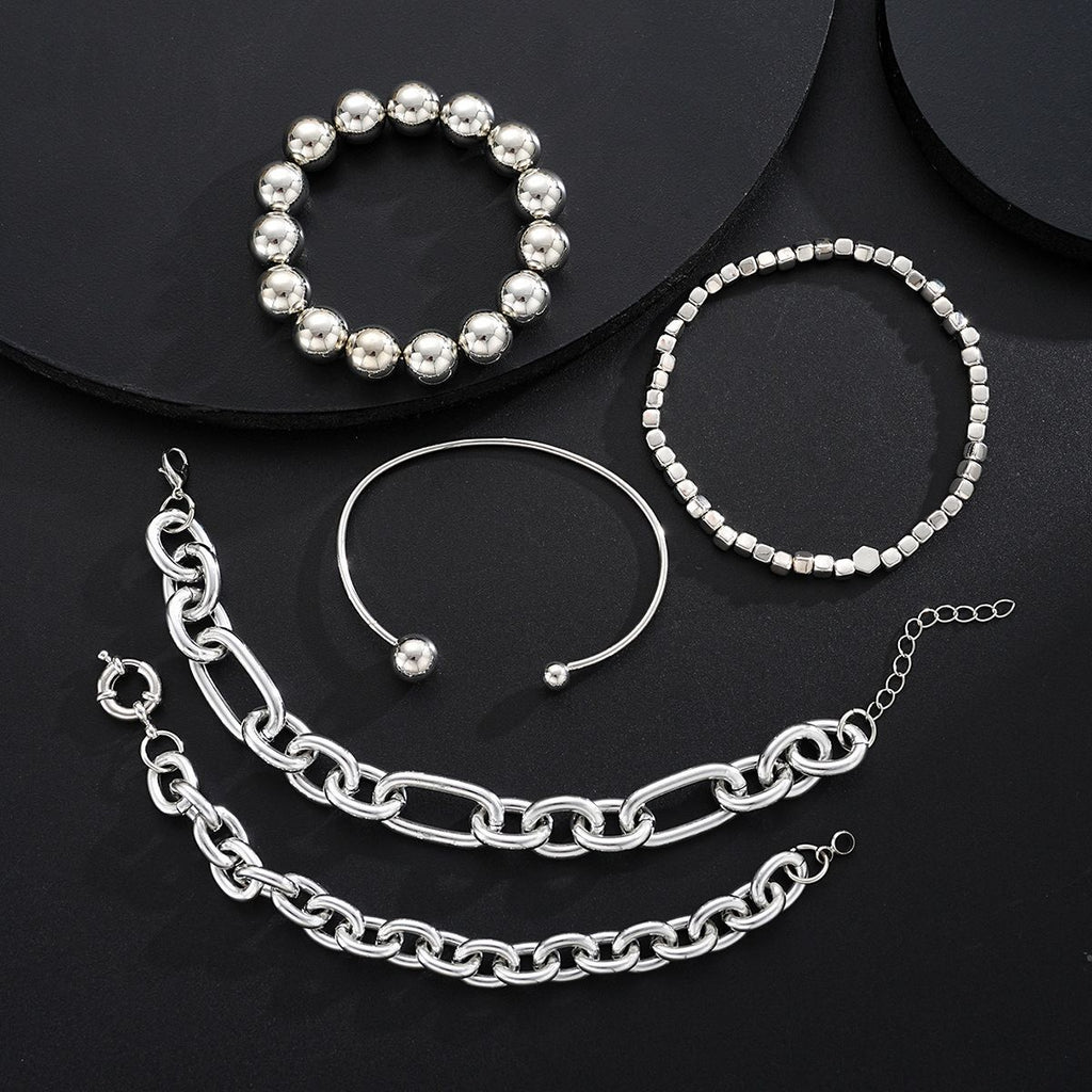 Cross-Border European and American New Products Ins Geometric Exaggerated Thick Chain Ball Bead Bracelet Punk Style Bracelet 5-Piece Set of Hand Jewelry