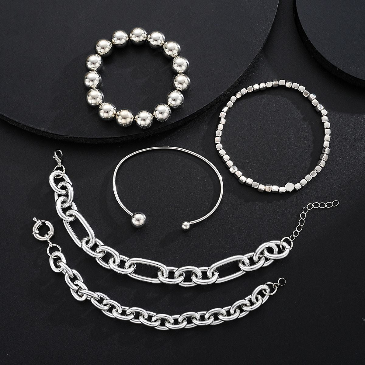 Cross-Border European and American New Products Ins Geometric Exaggerated Thick Chain Ball Bead Bracelet Punk Style Bracelet 5-Piece Set of Hand Jewelry